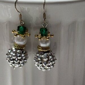Handcrafted Elegant Silver and Green Dangle  Snowmen Earrings